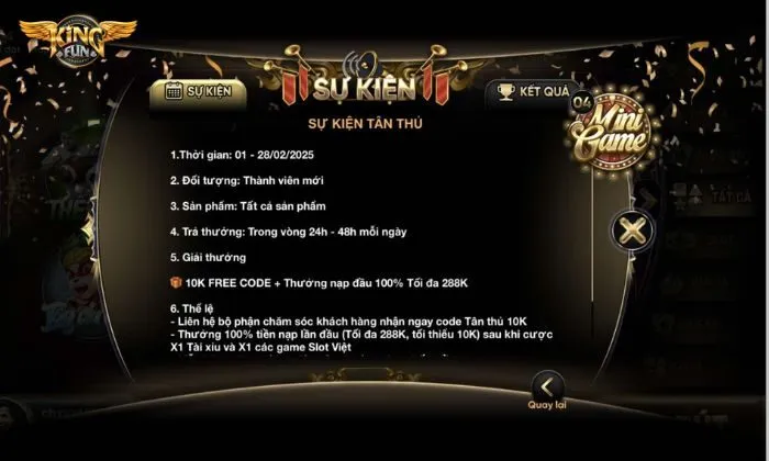 Chi tiết khuyến mãi: Code tân thủ 10K, thưởng 100% nạp đầu