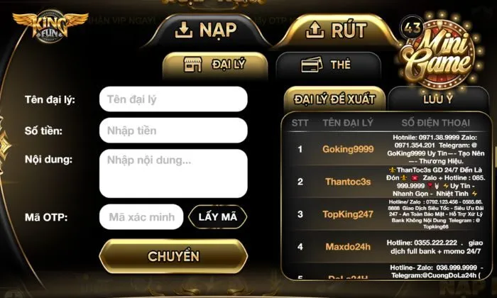 Hướng dẫn cách rút tiền Kingfun qua hệ thống đại lý